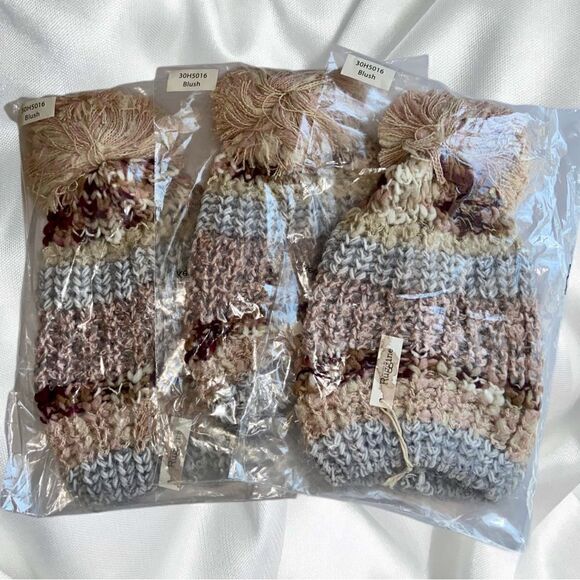 Multi Color Soft Plush Winter Beanie with Pom Pom - Blush Pink, Blue and Ivory - Picture 5 of 5